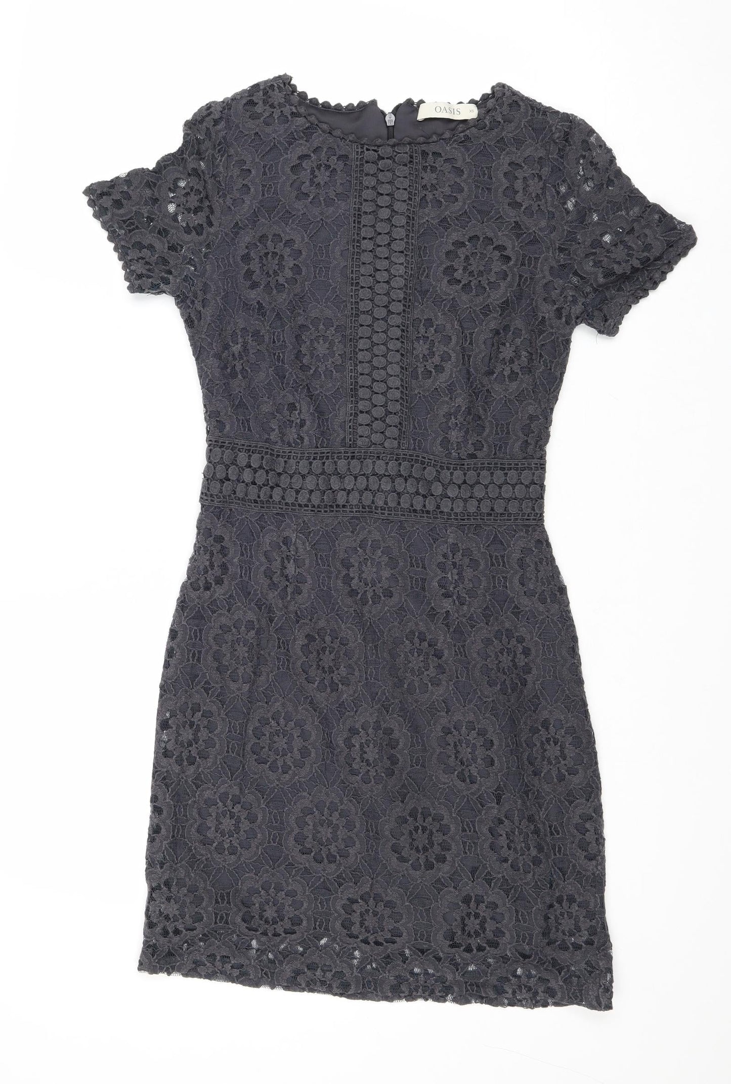 Oasis Womens Grey Geometric Cotton A-Line Size XS Round Neck Zip