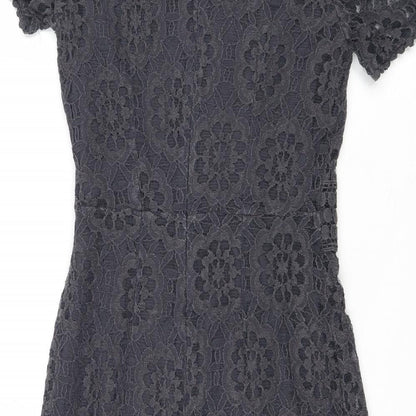 Oasis Womens Grey Geometric Cotton A-Line Size XS Round Neck Zip