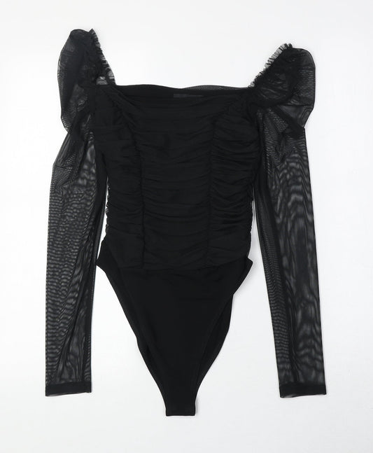 New Look Womens Black Polyester Bodysuit One-Piece Size 8 Snap - Ruched