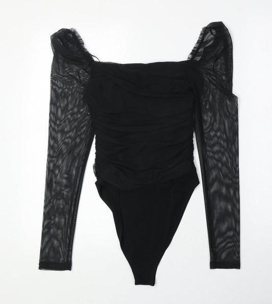 New Look Womens Black Polyester Bodysuit One-Piece Size 8 Snap - Ruched