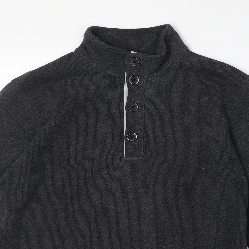 G2000 Mens Grey High Neck Cotton Henley Jumper Size M Long Sleeve