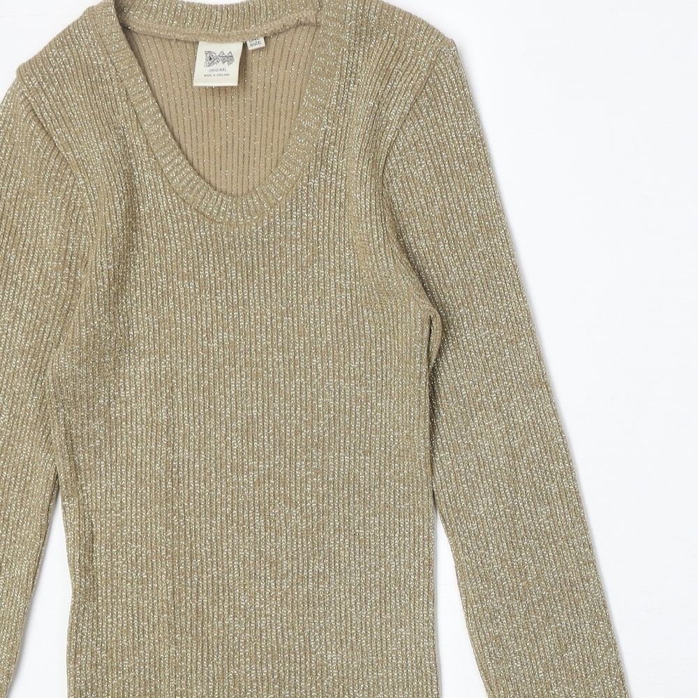 DM Womens Gold V-Neck Acrylic Pullover Jumper One Size