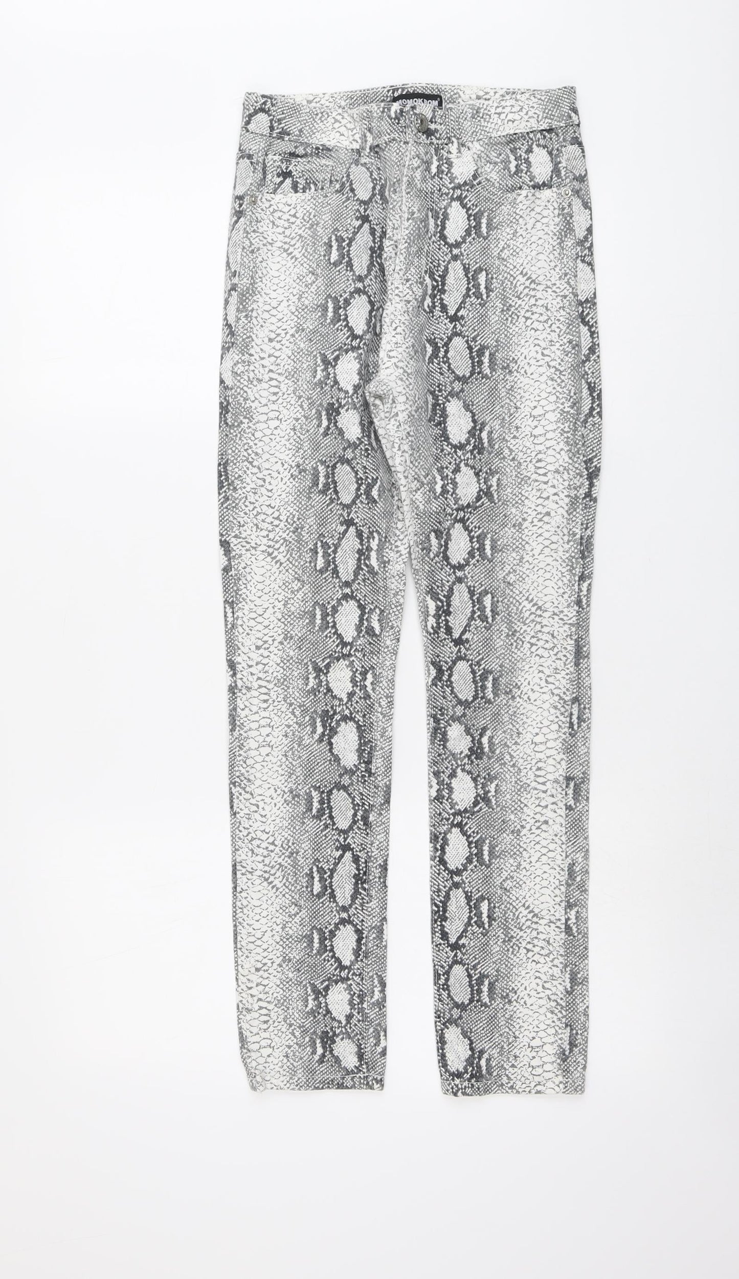 Momokrom Womens Grey Animal Print Cotton Trousers Size 6 L27 in Regular Button - Snakeskin Pattern
