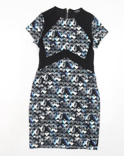 Miss Selfridge Womens Blue Geometric Polyester A-Line Size 12 Round Neck Zip