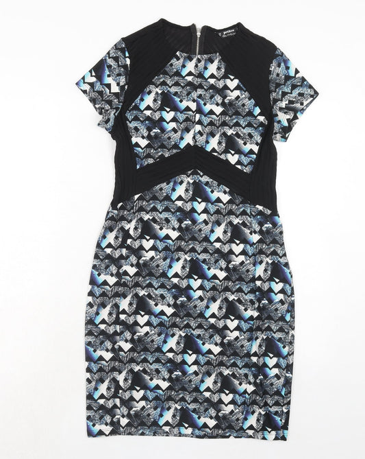 Miss Selfridge Womens Blue Geometric Polyester A-Line Size 12 Round Neck Zip