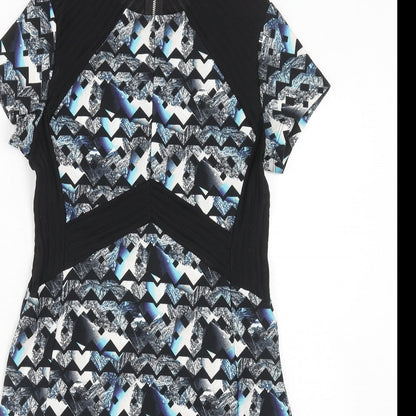 Miss Selfridge Womens Blue Geometric Polyester A-Line Size 12 Round Neck Zip