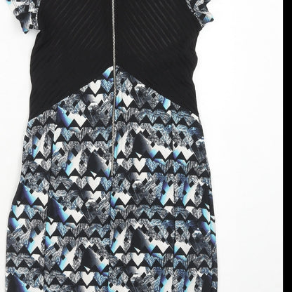 Miss Selfridge Womens Blue Geometric Polyester A-Line Size 12 Round Neck Zip