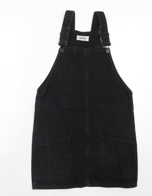 New Look Womens Black Cotton Pinafore/Dungaree Dress Size 6 Square Neck Buckle