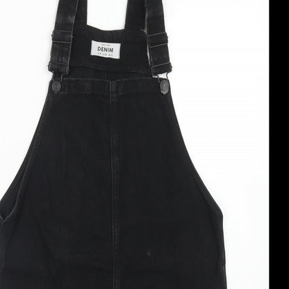 New Look Womens Black Cotton Pinafore/Dungaree Dress Size 6 Square Neck Buckle
