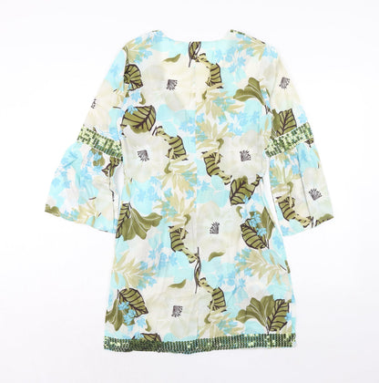New Look Womens Blue Geometric Cotton A-Line Size 10 V-Neck Pullover