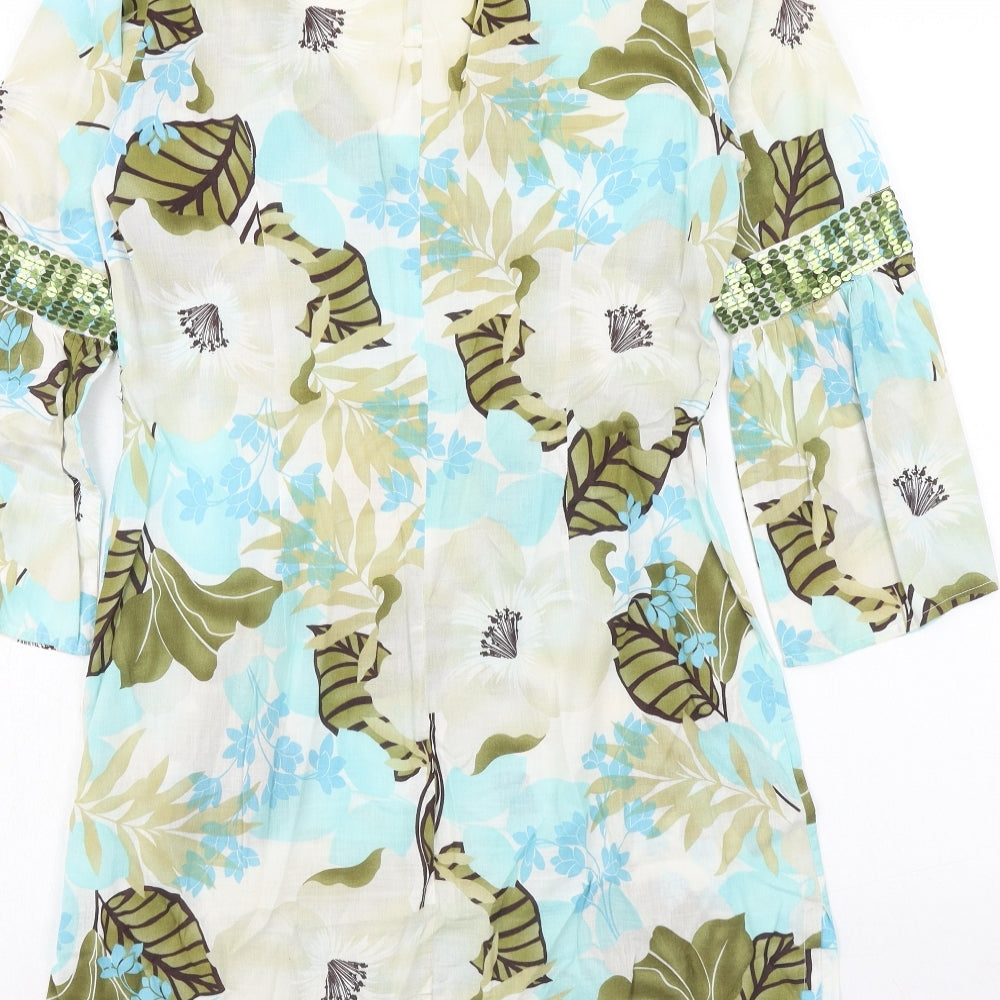 New Look Womens Blue Geometric Cotton A-Line Size 10 V-Neck Pullover