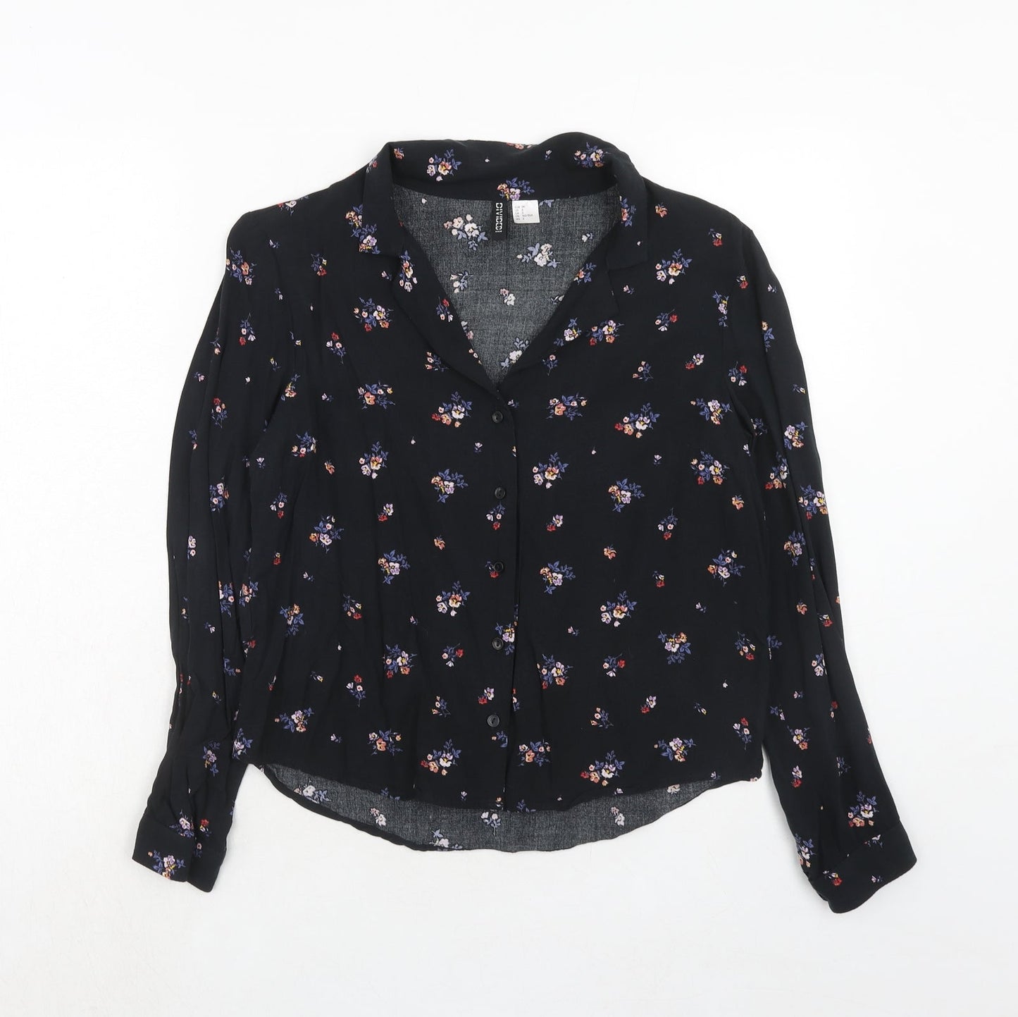 H&M Womens Black Floral Viscose Basic Button-Up Size 6 Collared