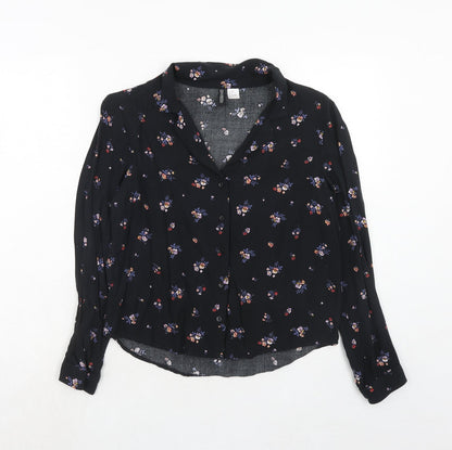 H&M Womens Black Floral Viscose Basic Button-Up Size 6 Collared