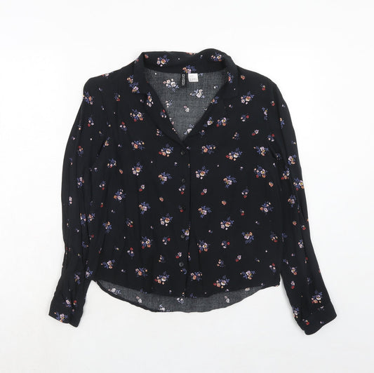 H&M Womens Black Floral Viscose Basic Button-Up Size 6 Collared