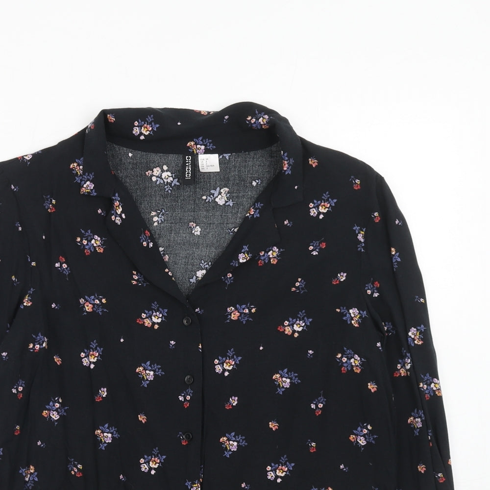 H&M Womens Black Floral Viscose Basic Button-Up Size 6 Collared