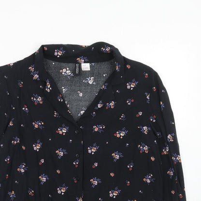 H&M Womens Black Floral Viscose Basic Button-Up Size 6 Collared