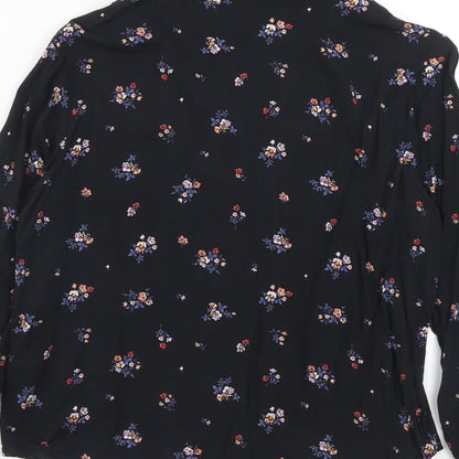 H&M Womens Black Floral Viscose Basic Button-Up Size 6 Collared
