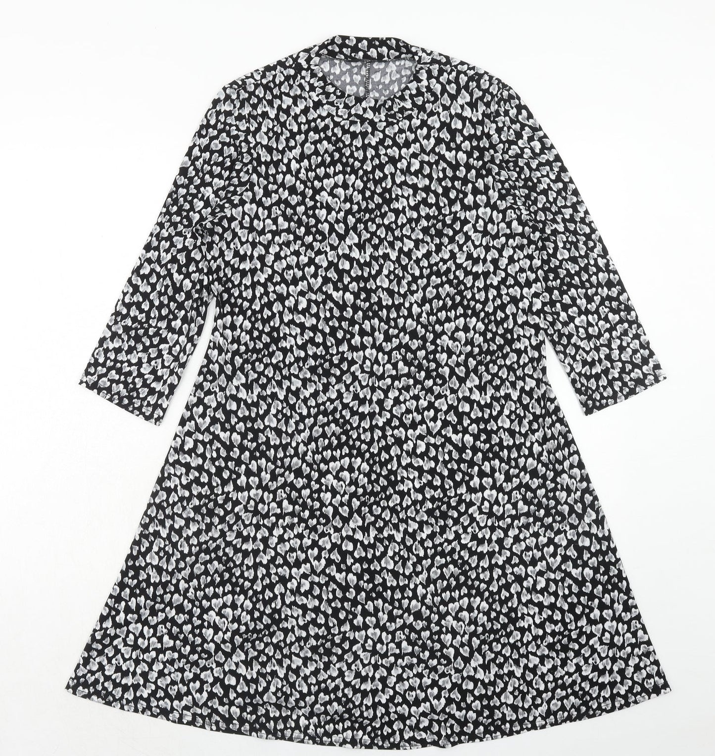 M&Co Womens Black Floral Polyester Fit & Flare Size 12 Round Neck Pullover - Heart Pattern