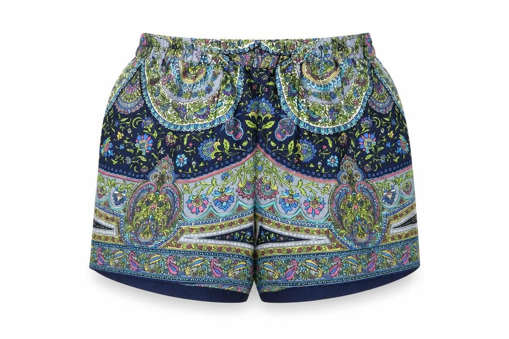 Front view of Sfera women’s blue geometric viscose basic shorts, size M, regular pull on
