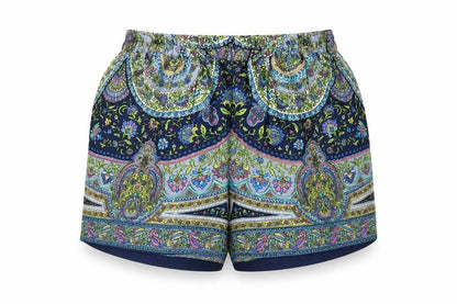Front view of Sfera women’s blue geometric viscose basic shorts, size M, regular pull on