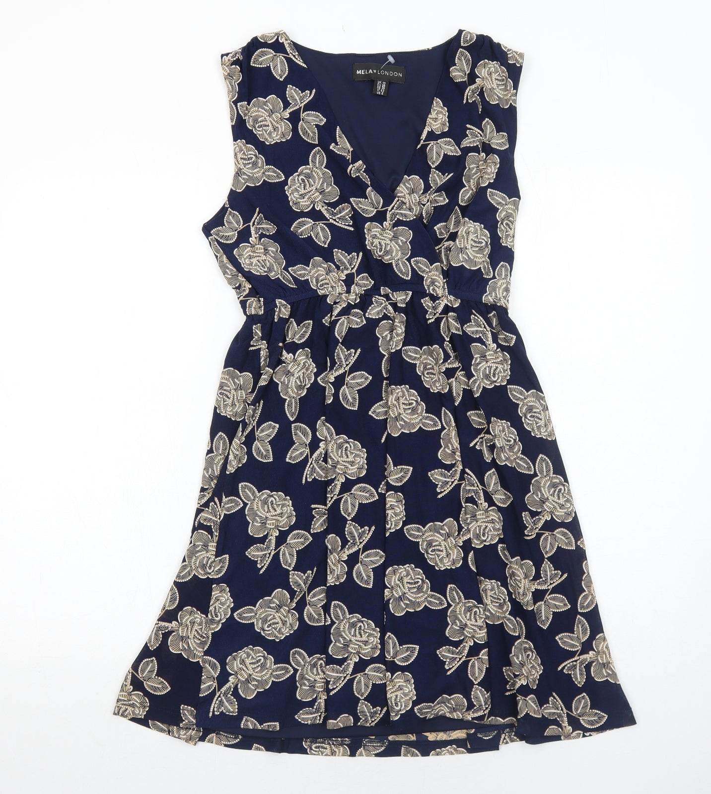 Mela London Womens Blue Floral Polyester Fit & Flare Size 10 V-Neck Pullover