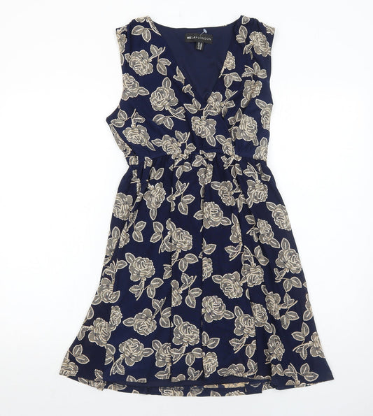 Mela London Womens Blue Floral Polyester Fit & Flare Size 10 V-Neck Pullover