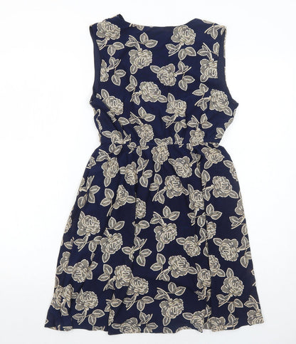 Mela London Womens Blue Floral Polyester Fit & Flare Size 10 V-Neck Pullover