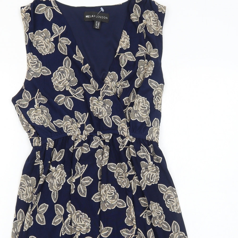 Mela London Womens Blue Floral Polyester Fit & Flare Size 10 V-Neck Pullover