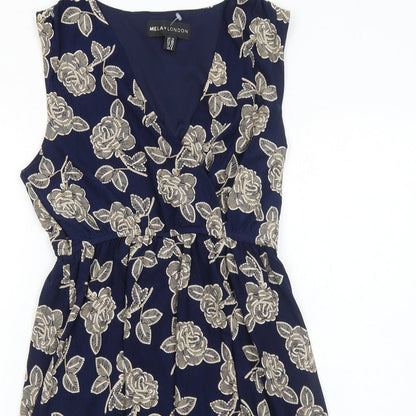 Mela London Womens Blue Floral Polyester Fit & Flare Size 10 V-Neck Pullover