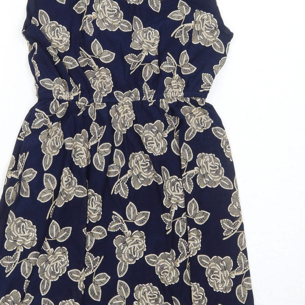 Mela London Womens Blue Floral Polyester Fit & Flare Size 10 V-Neck Pullover