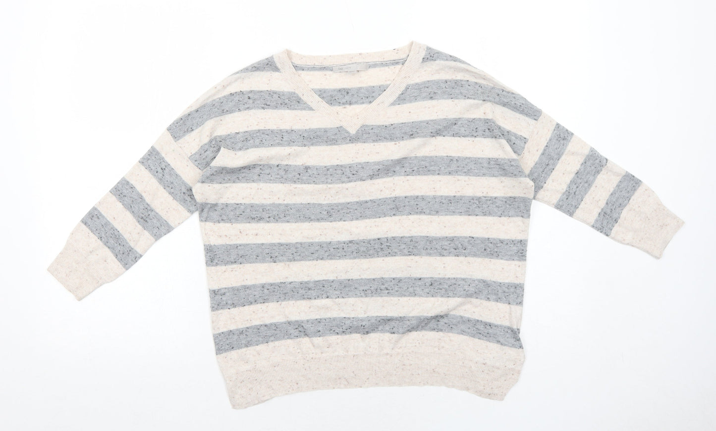 Gap Womens Beige V-Neck Striped Cotton Pullover Jumper Size XS