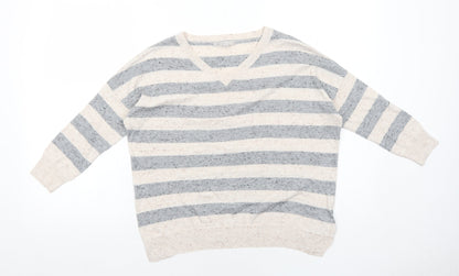 Gap Womens Beige V-Neck Striped Cotton Pullover Jumper Size XS