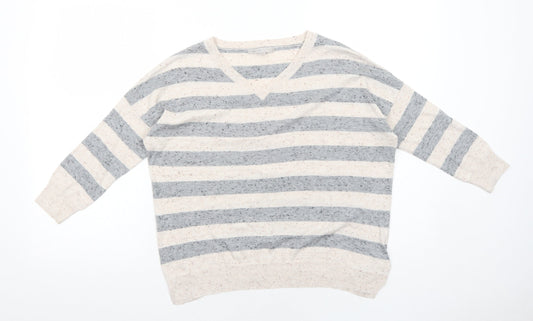 Gap Womens Beige V-Neck Striped Cotton Pullover Jumper Size XS