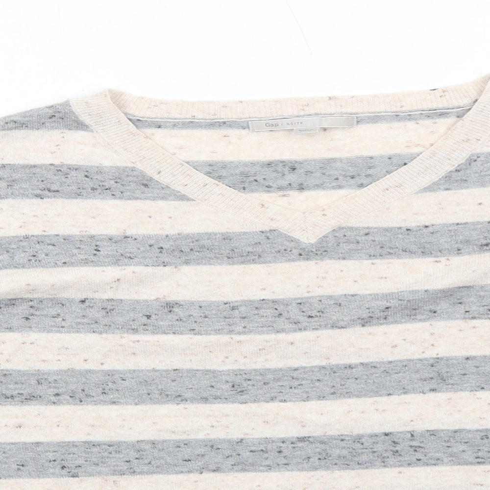 Gap Womens Beige V-Neck Striped Cotton Pullover Jumper Size XS