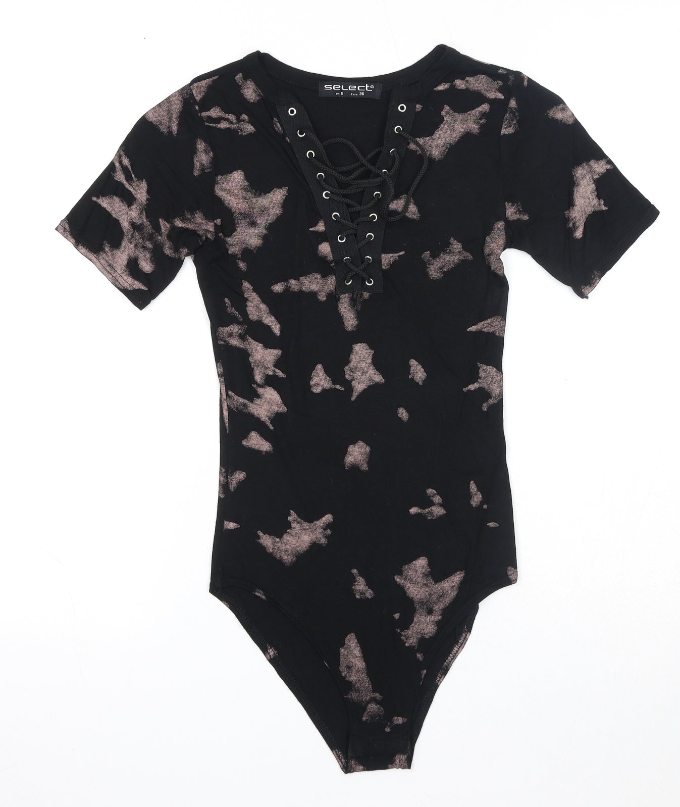 Select Womens Black Geometric Viscose Bodysuit One-Piece Size 8 Snap - Lace Up Front