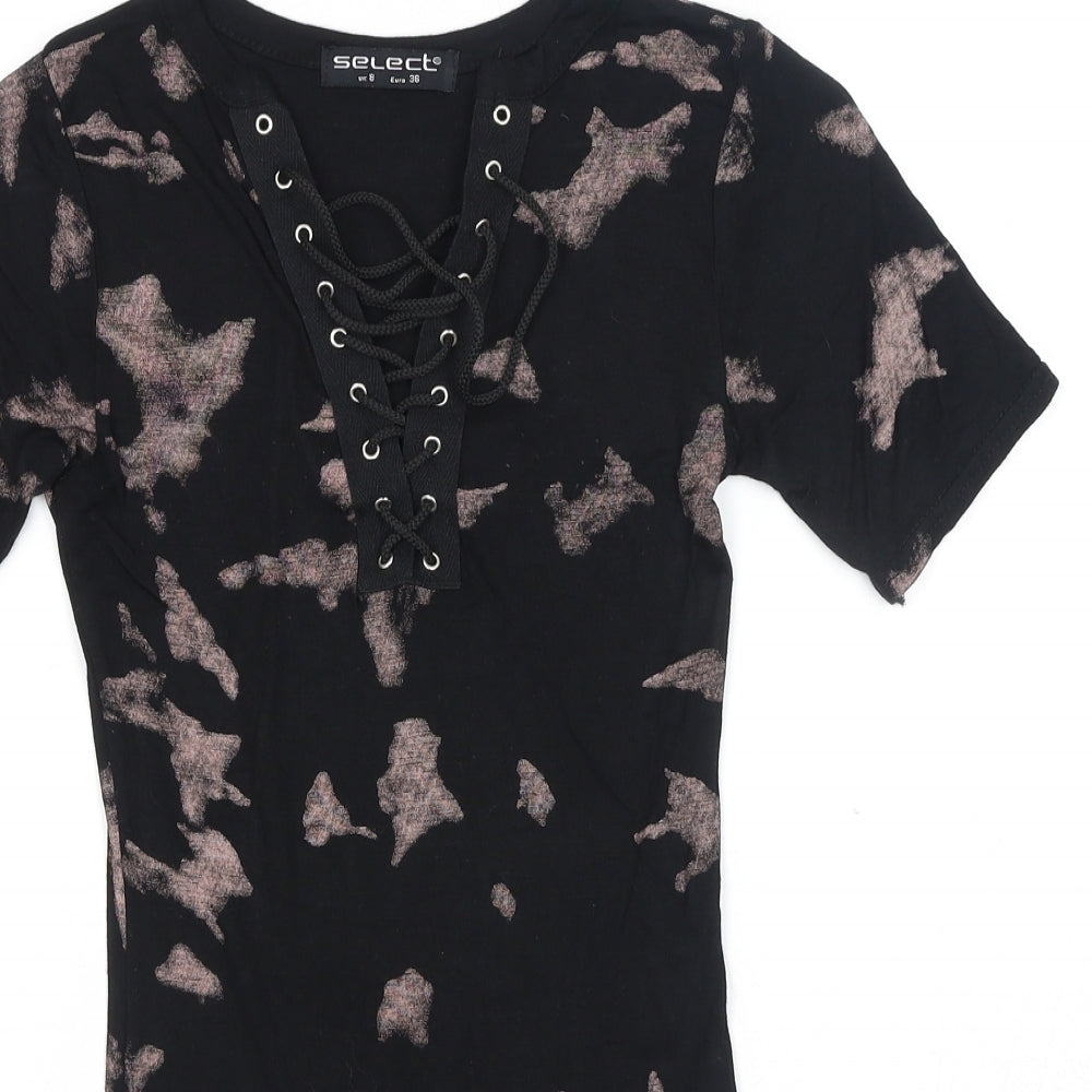 Select Womens Black Geometric Viscose Bodysuit One-Piece Size 8 Snap - Lace Up Front