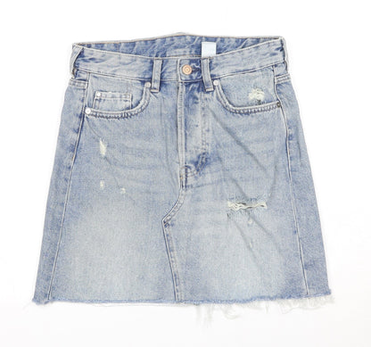 H&M Womens Blue Cotton A-Line Skirt Size 8 Zip