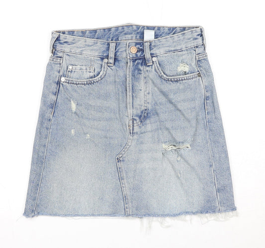 H&M Womens Blue Cotton A-Line Skirt Size 8 Zip