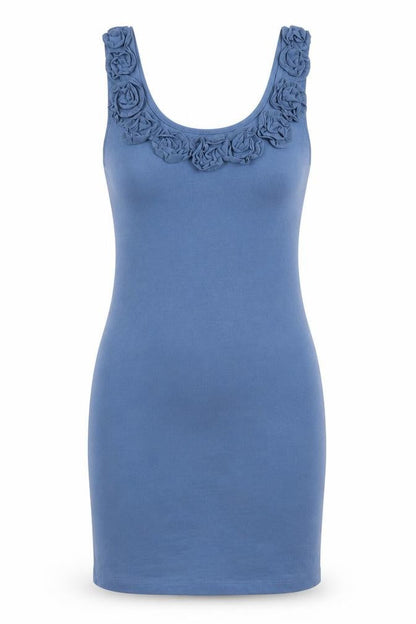 H&M Womens Blue Polyester Tank Dress Size S Round Neck Pullover - Flower Detail
