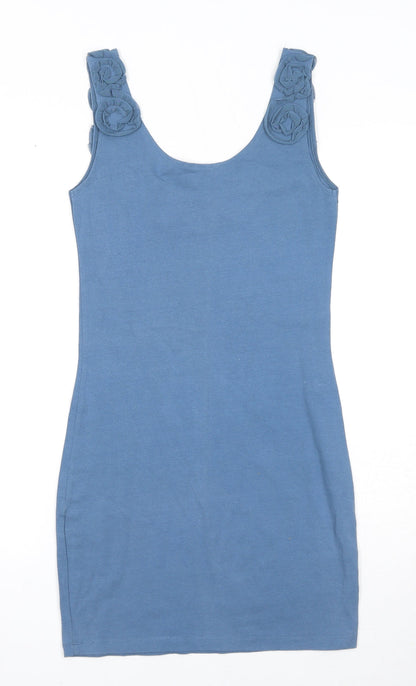 H&M Womens Blue Polyester Tank Dress Size S Round Neck Pullover - Flower Detail