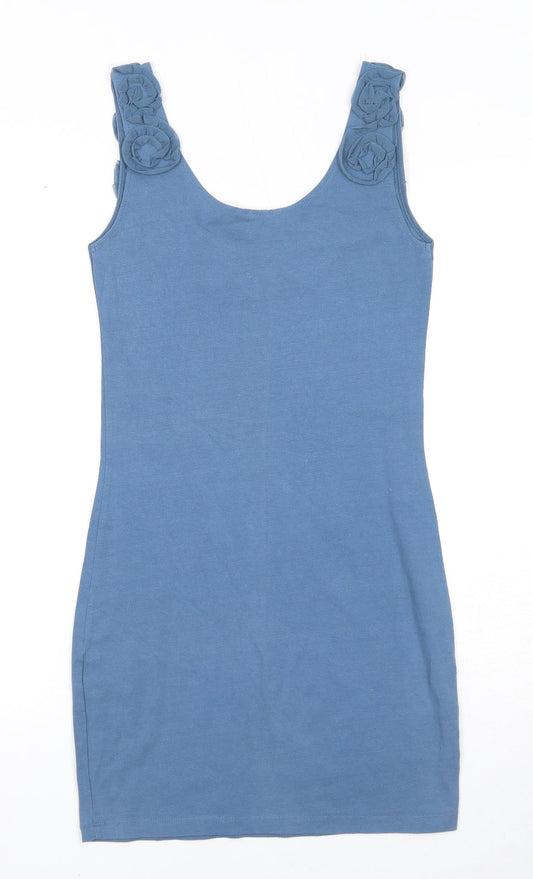 H&M Womens Blue Polyester Tank Dress Size S Round Neck Pullover - Flower Detail