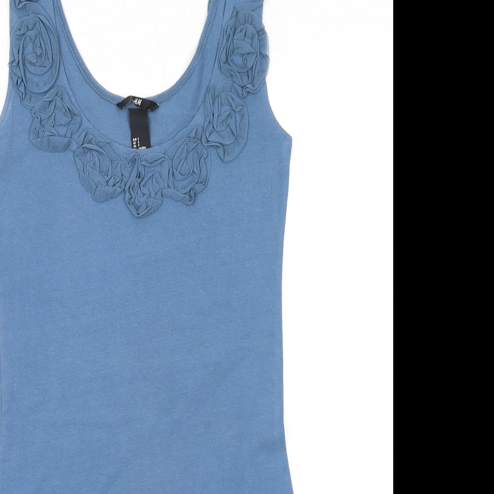 H&M Womens Blue Polyester Tank Dress Size S Round Neck Pullover - Flower Detail