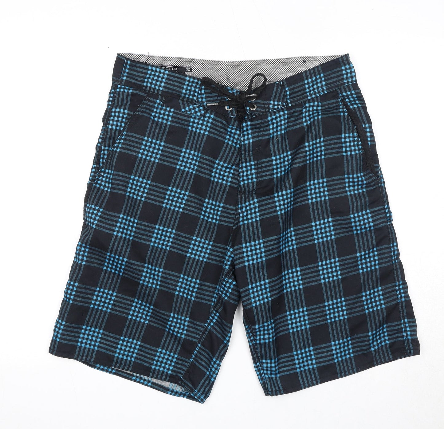 Interstate 405 Mens Black Plaid Polyester Bermuda Shorts Size S Regular Drawstring