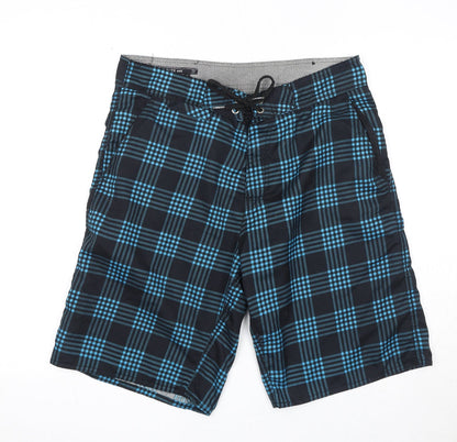 Interstate 405 Mens Black Plaid Polyester Bermuda Shorts Size S Regular Drawstring