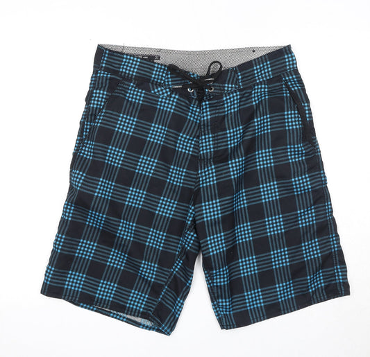 Interstate 405 Mens Black Plaid Polyester Bermuda Shorts Size S Regular Drawstring