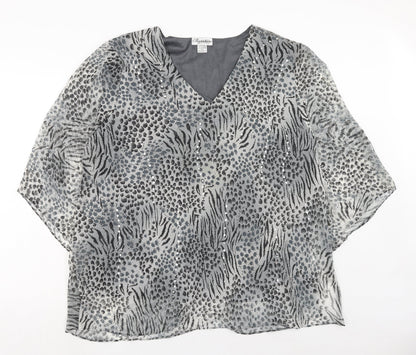 Signature Womens Grey Geometric Polyester Basic Blouse Size 3XL V-Neck
