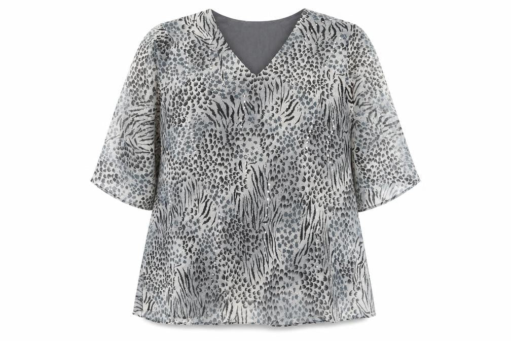 Signature Womens Grey Geometric Polyester Basic Blouse Size 3XL V-Neck