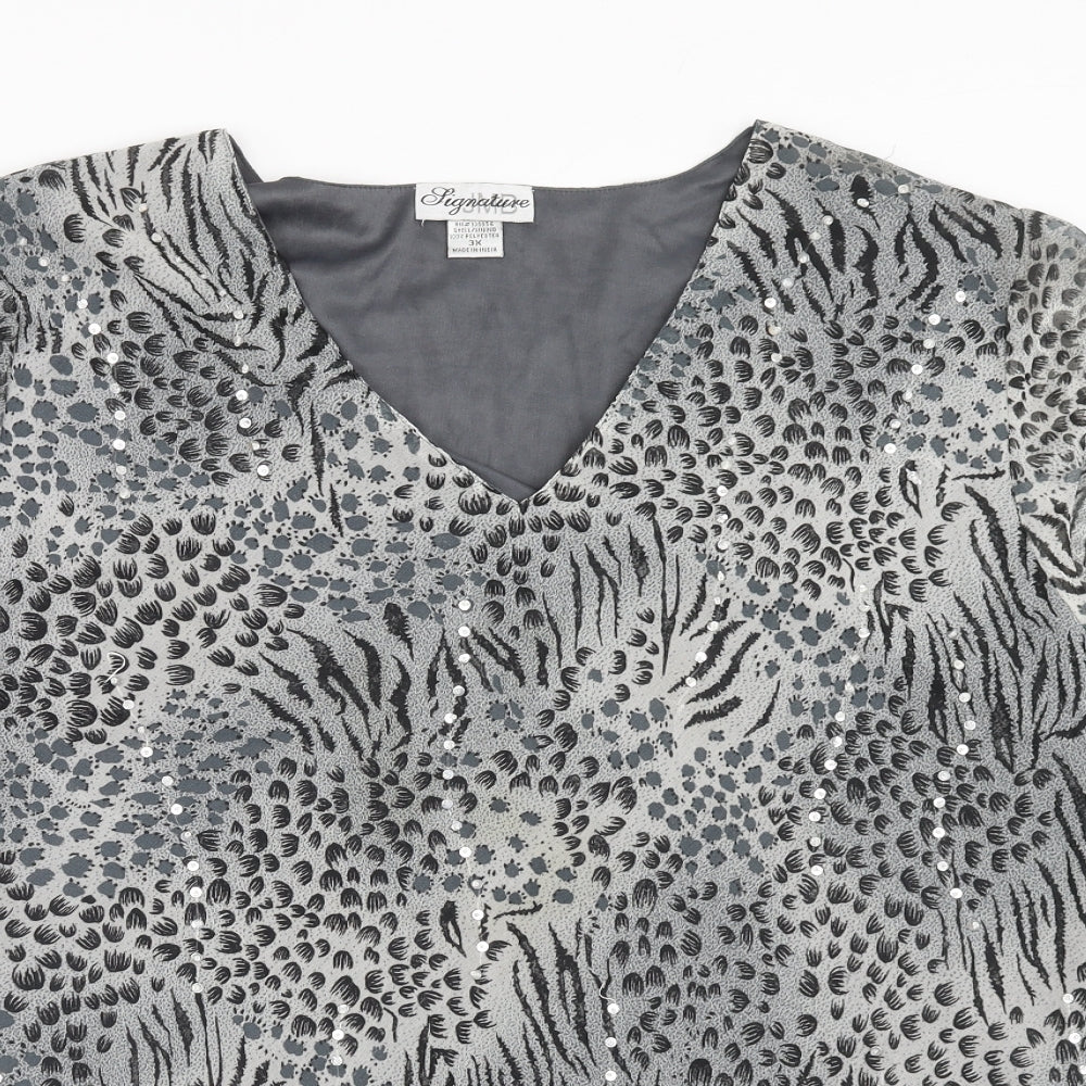 Signature Womens Grey Geometric Polyester Basic Blouse Size 3XL V-Neck