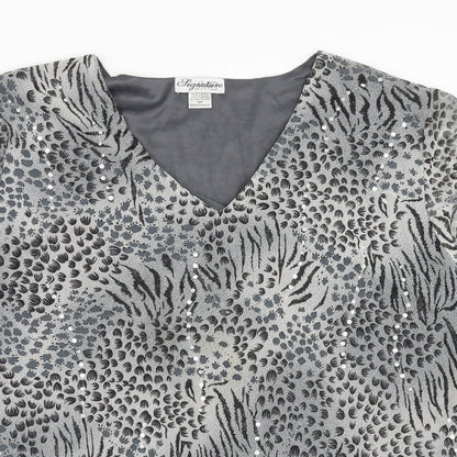 Signature Womens Grey Geometric Polyester Basic Blouse Size 3XL V-Neck