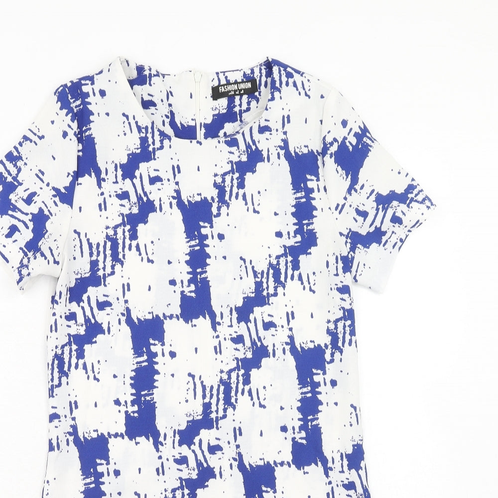Fashion Union Womens Blue Geometric Polyester A-Line Size 6 Round Neck Zip